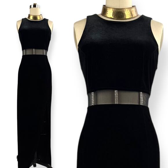 NY Vintage Classics Dresses & Skirts - 90's sexy black velvet long fitted dress with high slit and mesh crystal trim